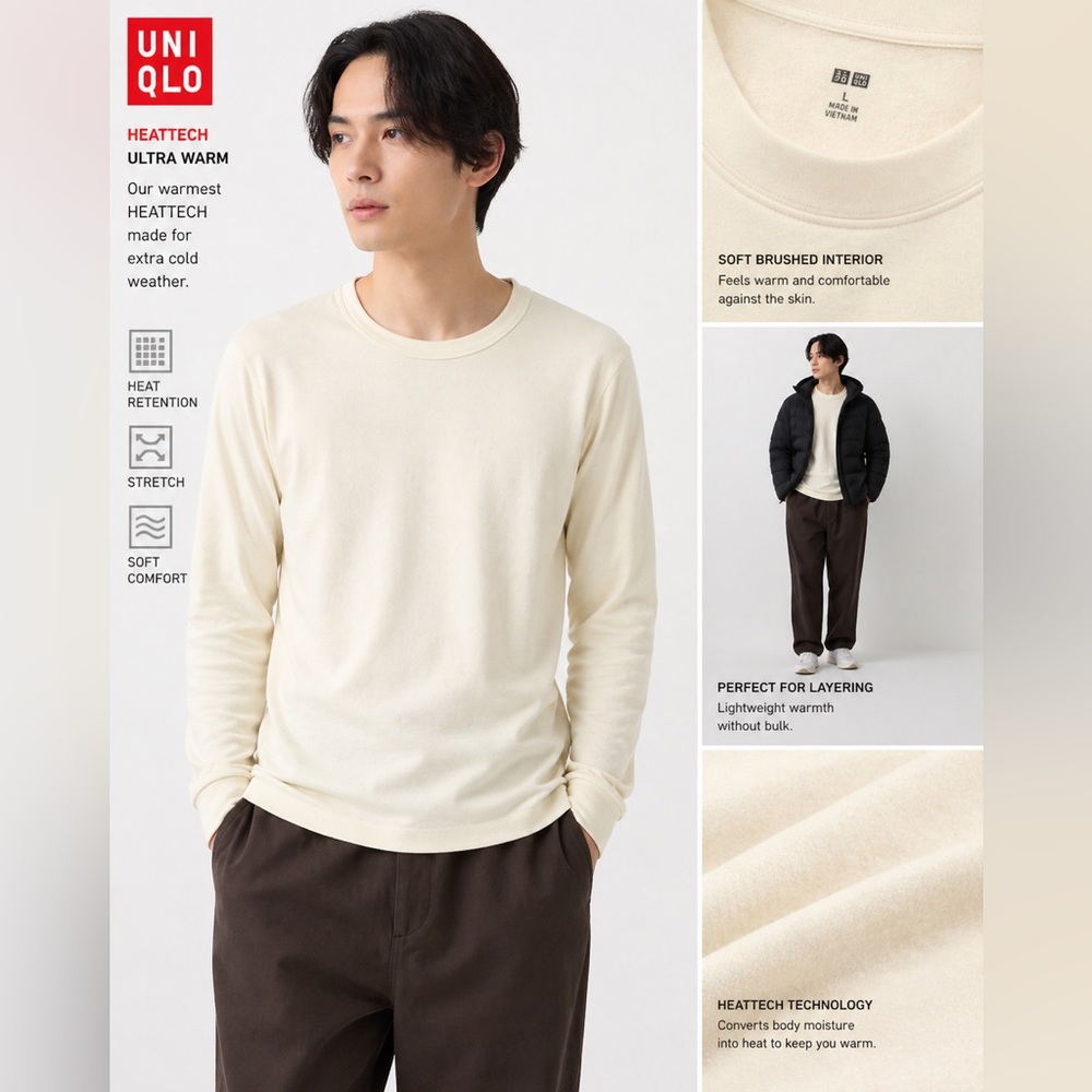 Uniqlo HEATTECH Ultra Warm Thermal Long Sleeve Shirt Cream L